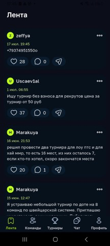Лента сообщества: посты игроков и организаторов, лайки и комментарии