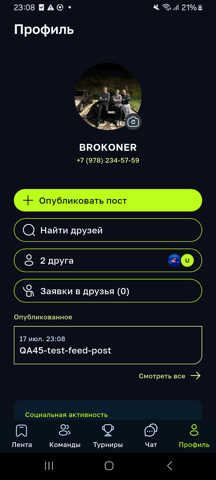 Профиль пользователя с друзьями и опубликованными постами