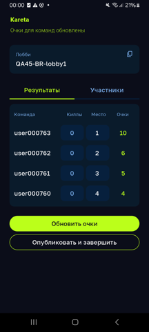 Экран расчёта очков по местам для командного турнира