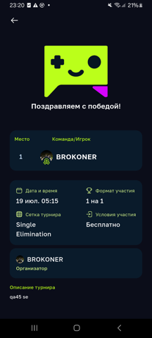 Экран победы: первое место, результаты турнира